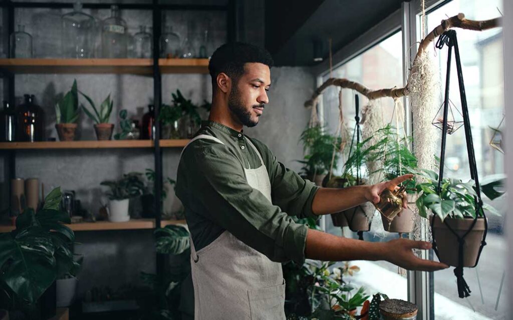 A person checks the soil of blooming potted flowers arranged near a bright indoor window.